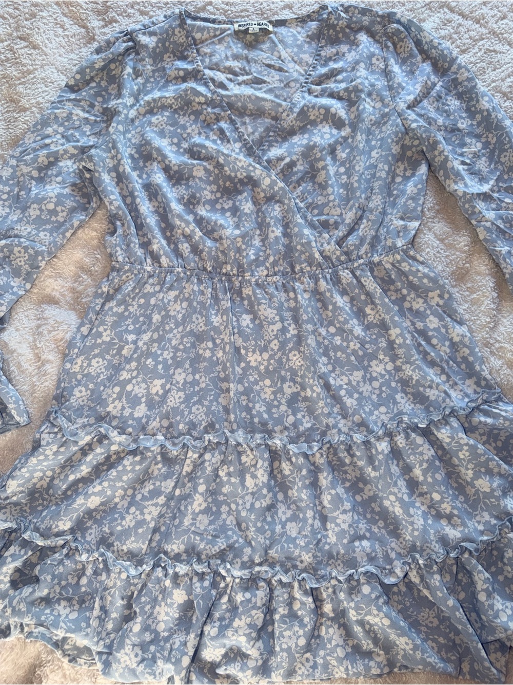 Inspired Hearts Light Blue & White Floral V-Neck Tiered Dress - Picture 6 of 11